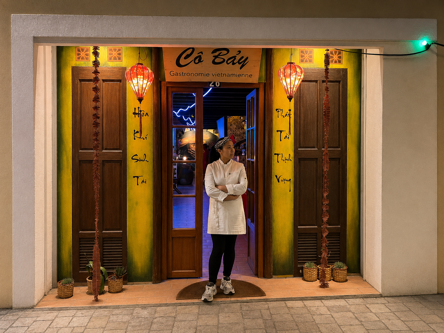 Intérieur chaleureux du restaurant Cô Bảy avec lanternes traditionnelles et détails coloniaux